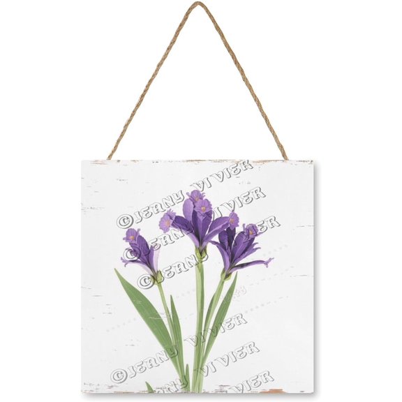 Iris Wooden Hanging Sign Flower Art Iris Gifts Farmhouse Door Sign for Front Door Porch Decor Floral Hanging Wooden Plaque for Home Kitchen Bedroom Cafes Bar Sign 12x12 Inches