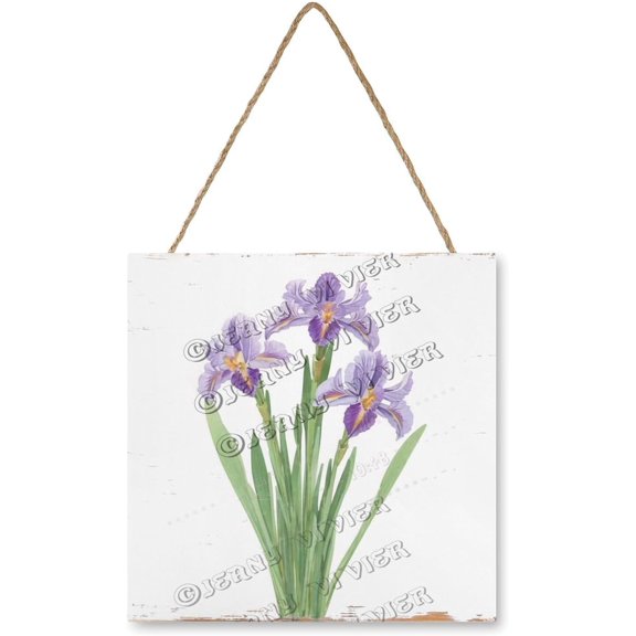 Iris Wooden Hanging Sign Flower Art Iris Gifts Garden Decor Rustic Farmhouse Decorations Flower Wood Sign Hanging for Farmhouse porch Door Decoration 12x12 Inches