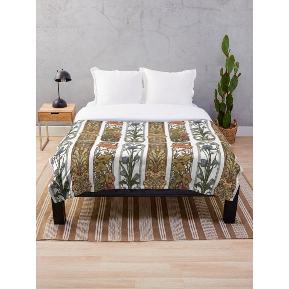 Iris and Foliage Botanical Panel Fleece Blanket, Olive Green and Rust, Polyester, 280 GSM, for Couch or Bed