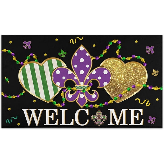 Irises Mardi Gras Doormat, Beads Welcome Front Door Mat, Mardi Gras Decorations for Home Carnival Seasonal Low-Profile Entrance Rug for Indoor Outdoor (Heart, 17"x30")
