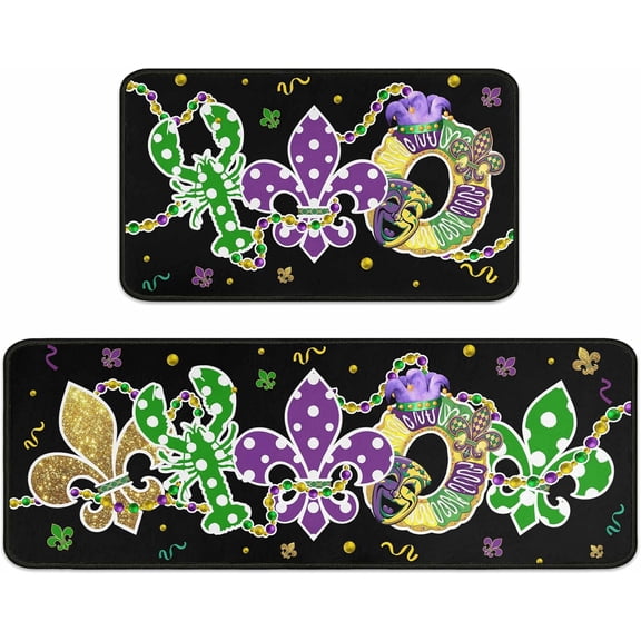 Irises Mardi Gras Kitchen Rugs Set of 2, Mardi Gras Decorations, Crawfish Rug Beads Mask Doughnut Mats, Holiday Decor for Home, Low-Profile Kitchen Floor Mat (Crawfish, 17"x47"+17"x30")
