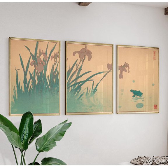 Irises and Frog Japanese Nature Art Prints Wall Decor Version 2 Set 3 Unframed Paper Print 8x12