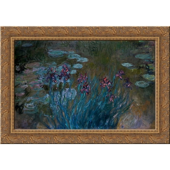 Irises and Water Lilies 24x19 Gold Ornate Wood Framed Canvas Art by Monet, Claude