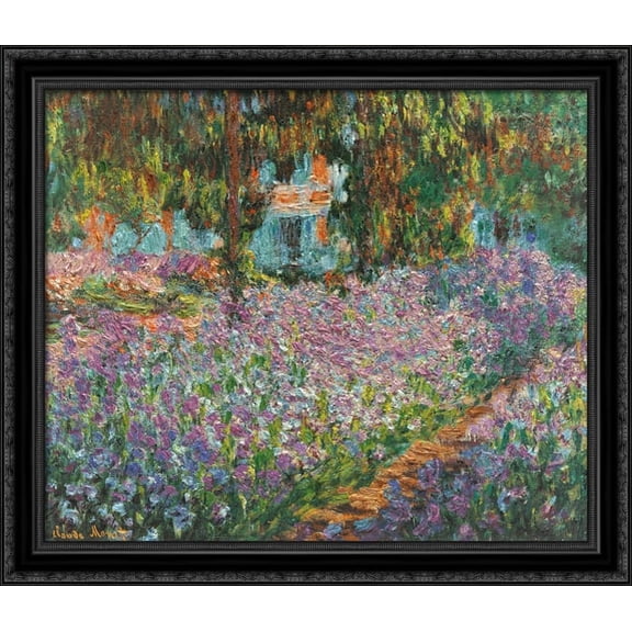 Irises in Monet's Garden 34x28 Large Black Ornate Wood Framed Canvas Art by Claude Monet