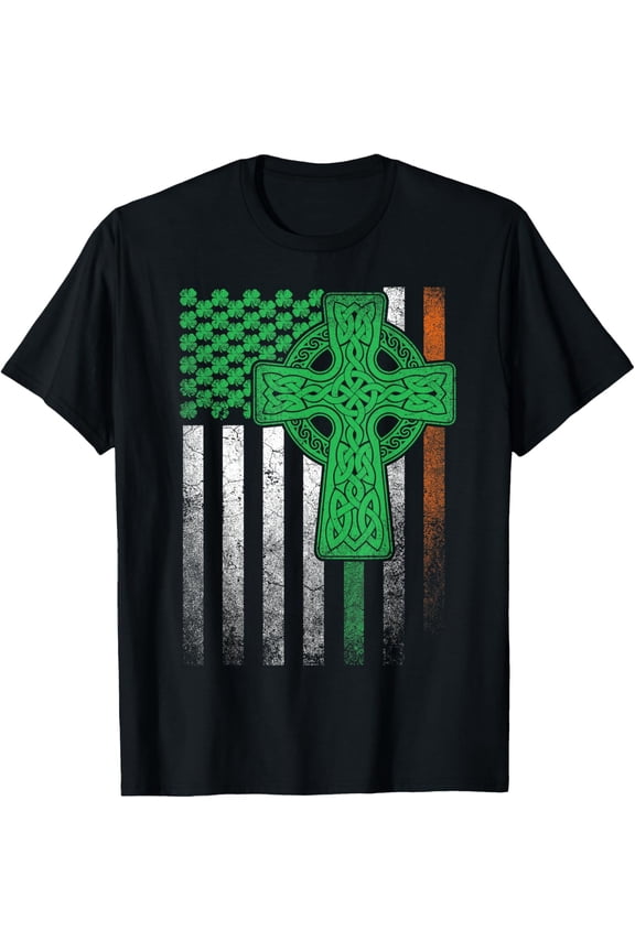Irish American Flag Ireland Flag ST PATRICKS DAY Gift Cross T-ShirtMen and women, Black T-shirt, size: Extra large