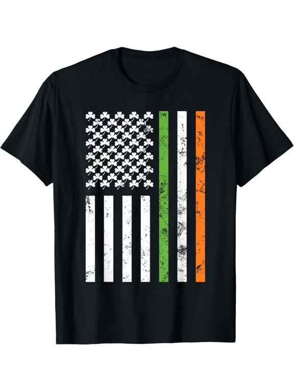 Irish American Flag With Shamrocks Stars St Patrick's Day T-Shirt men and women can wear, black, white, gifts