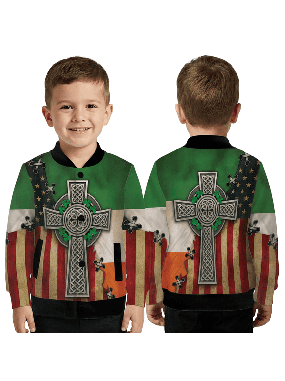 Irish American Jacket, Celtic Cross Flag Graphic Baseball Jacket, Irish Heritage Outerwear, St. Patrick’s Day Coat