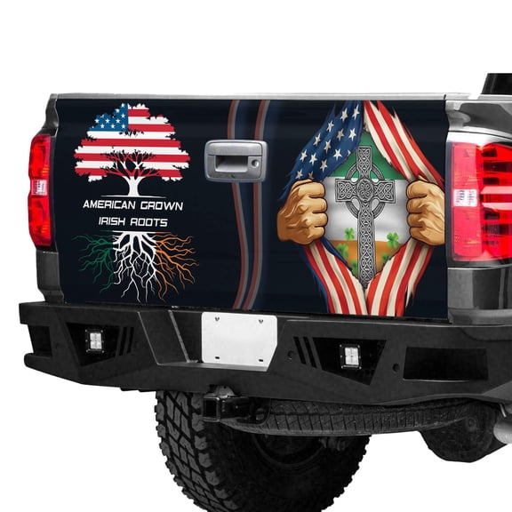 Irish American Pride Tailgate Wrap – Celtic Cross with USA & Ireland Flag Truck Tailgate Decal, Patriotic Heritage Vehicle Graphic