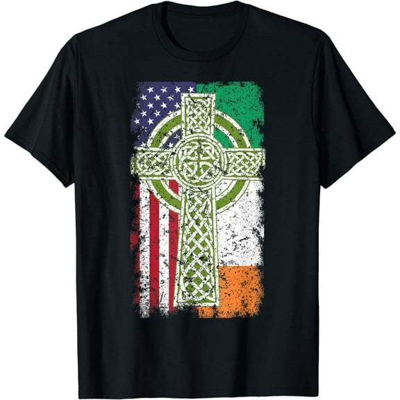 Irish American USA Flag Celtic Cross St Patrick's Day T-Shirt