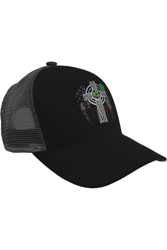 Irish American USA Flag Celtic Cross St Patrick's Day Trucker Hat - Mesh Baseball Snapback Cap for Men Or Women Outdoors Black