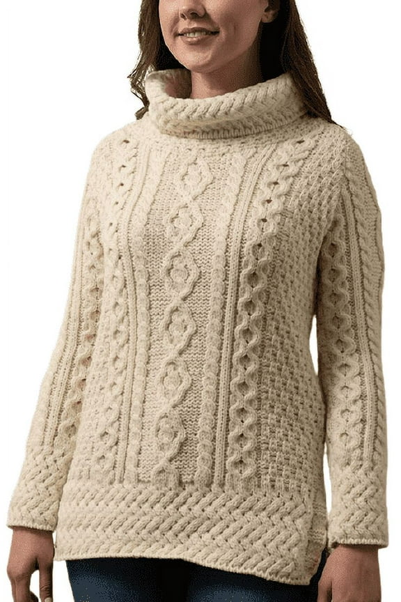 Irish Aran Cable Knitted Sweater 100% Premium Merino Wool Chunky Vented Roll Neck Pullover Women's Jumper Made in Ireland