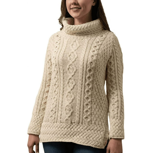 Irish Aran Cable Knitted Sweater 100% Premium Merino Wool Chunky Vented Roll Neck Pullover Women's Jumper Made in Ireland