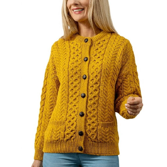 Irish Aran Merino Wool Cardigan Sweater for Women Button Up Cable Knitted Lumber Jacket Made in Ireland