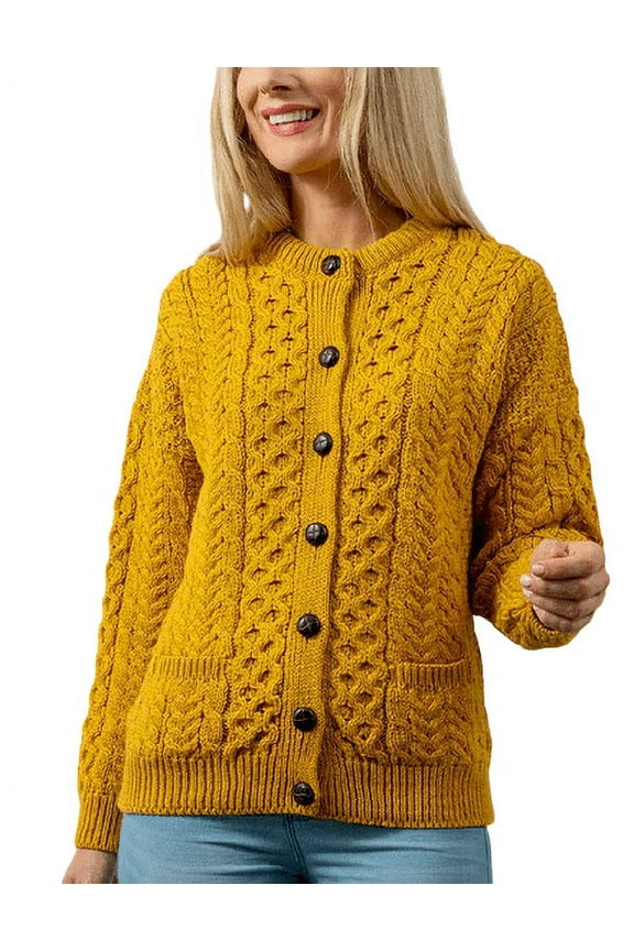 Irish Aran Merino Wool Cardigan Sweater for Women Button Up Cable Knitted Lumber Jacket Made in Ireland