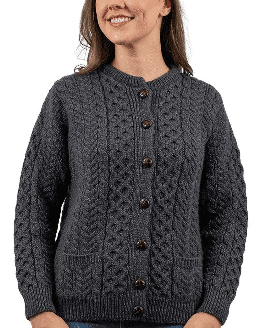 Irish Aran Merino Wool Cardigan Sweater for Women Button Up Cable