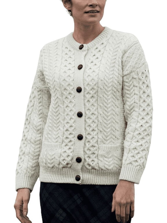 Irish Aran Merino Wool Cardigan Sweater for Women Button Up Cable Knitted Lumber Jacket Made in Ireland