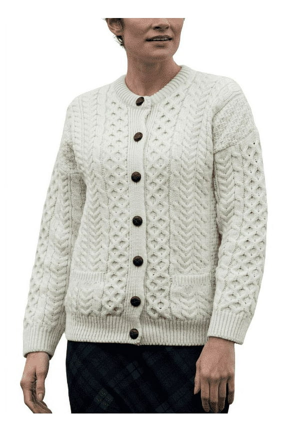 Irish Aran Merino Wool Cardigan Sweater for Women Button Up Cable Knitted Lumber Jacket Made in Ireland