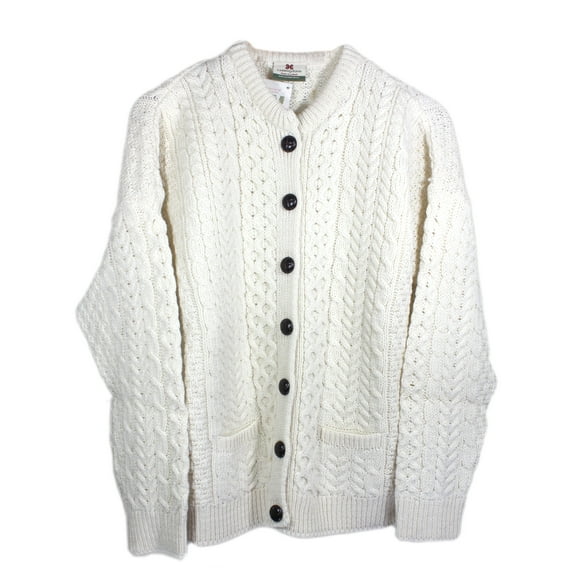 Irish Aran Merino Wool Cardigan Sweater for Women Button Up Cable Knitted Lumber Jacket Made in Ireland