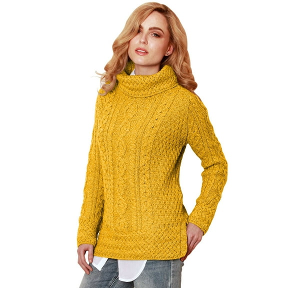 Irish Aran Vented Roll Neck Sweater 100% Soft Merino Wool Cable Knitted Women's Pullover Made in Ireland by Aran Woollen Mills