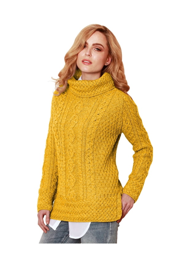 Irish Aran Vented Roll Neck Sweater 100% Soft Merino Wool Cable Knitted Women's Pullover Made in Ireland by Aran Woollen Mills