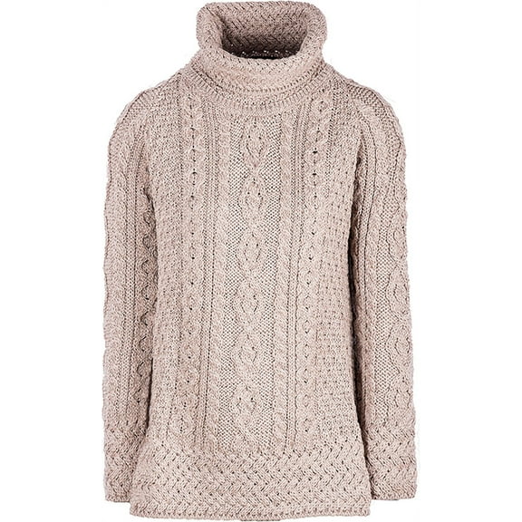 Irish Aran Vented Roll Neck Sweater 100% Soft Merino Wool Cable Knitted Women's Pullover Made in Ireland by Aran Woollen Mills