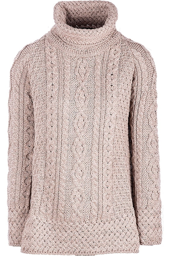 Irish Aran Vented Roll Neck Sweater 100% Soft Merino Wool Cable Knitted Women's Pullover Made in Ireland by Aran Woollen Mills