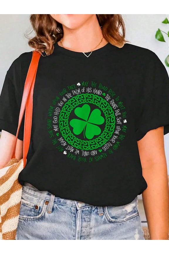 Irish Blessing Celtic Knot 4 Leaf Clover - St Print Crew Neck T-Shirt For Summer, Women's Soft Short Sleeve Top, Stylish Comfy Tee For Women Graphic Tees