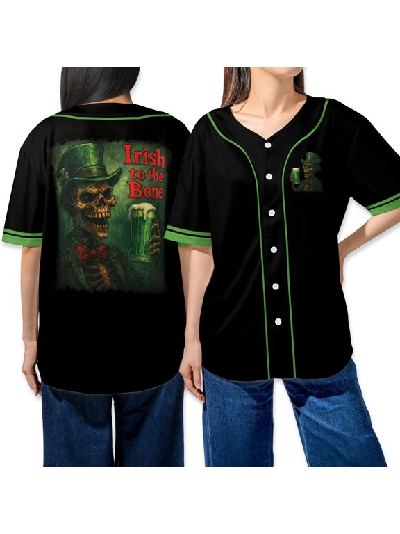 Irish To The Bone Skeleton Baseball Jersey Shirt – St. Patrick’s Day Green Beer Theme, Gothic Skull Design, Black Button Down Short Sleeve Jersey for Irish Pride