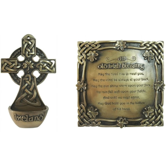 Irish Bronze Plaques Set of 2 - Ireland Holy Water Font and Old Irish Blessing Metal Wall Signs by Royal Tara
