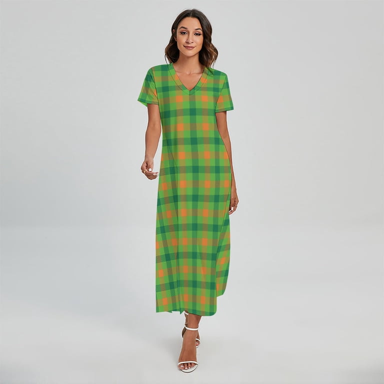 NOBRAND Irish Buffalo Plaid Pattern Printed Short Sleeve Maxi Dress, Irish St. Patrick's Day Fashion Summer Maxi Dress for Women, Women's, Size: 3XL