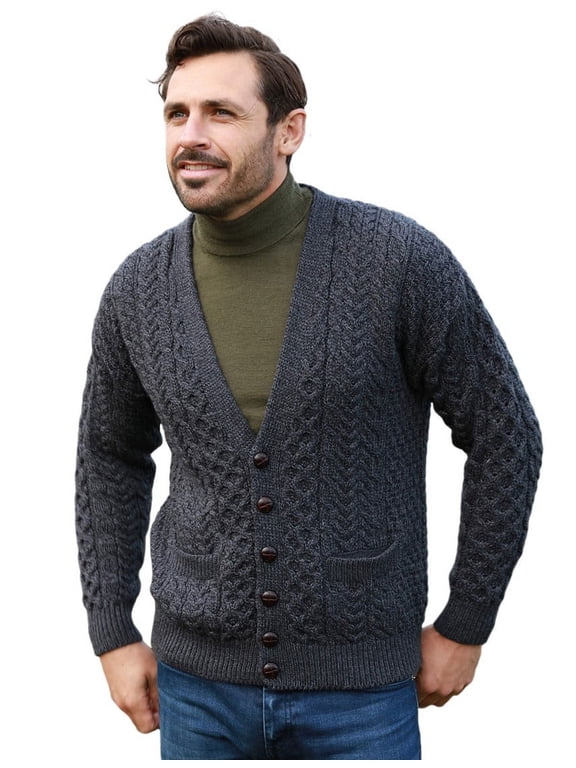 Irish Cardigan for Men 100% Premium Merino Wool Aran Sweater Made in Ireland