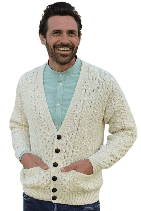 Irish Cardigan for Men 100% Premium Merino Wool Aran Sweater Made in Ireland