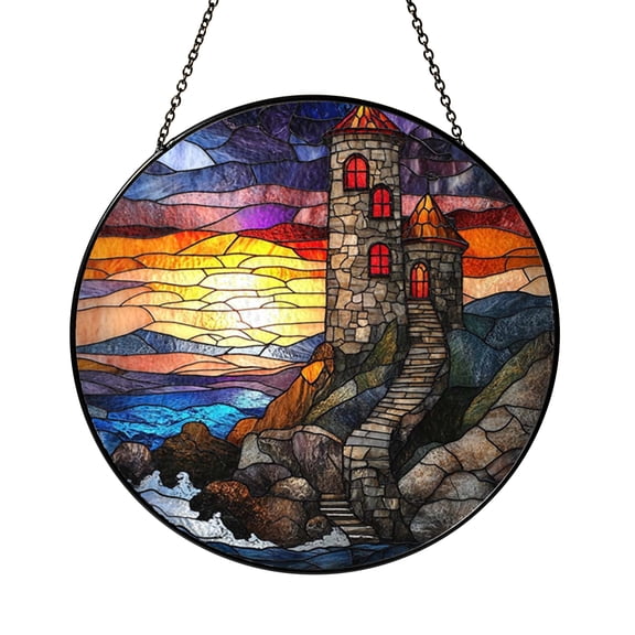 Irish Castle Stained Glass Window Suncatcher, Historic Architecture Scene Decor for Home