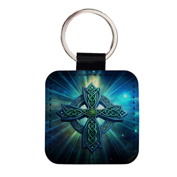 Irish Celtic Christian Cross Blue Green Faux Leather Square Keychain