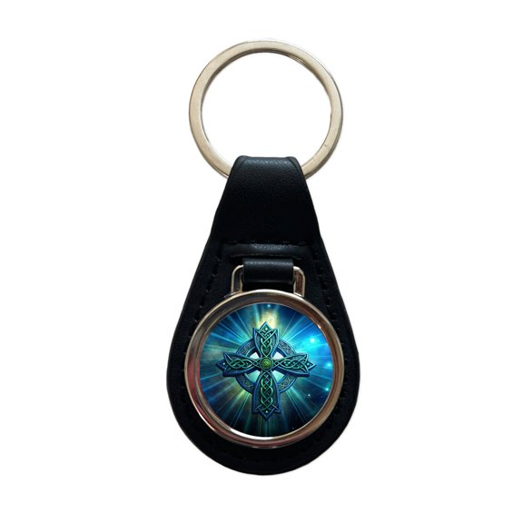 Irish Celtic Christian Cross Blue Green Metal Black Leather Keychain