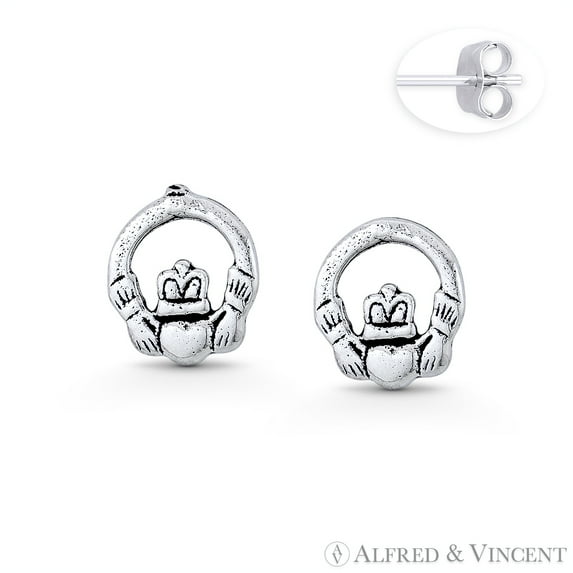 Irish / Celtic Claddagh Heart Charm 8x8mm Stud Earrings in Oxidized .925 Sterling Silver