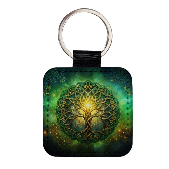 Irish Celtic Elegant Tree Of Life Faux Leather Square Keychain
