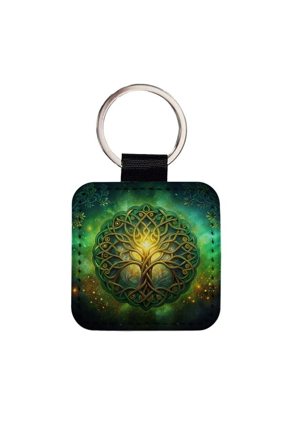 Irish Celtic Elegant Tree Of Life Faux Leather Square Keychain