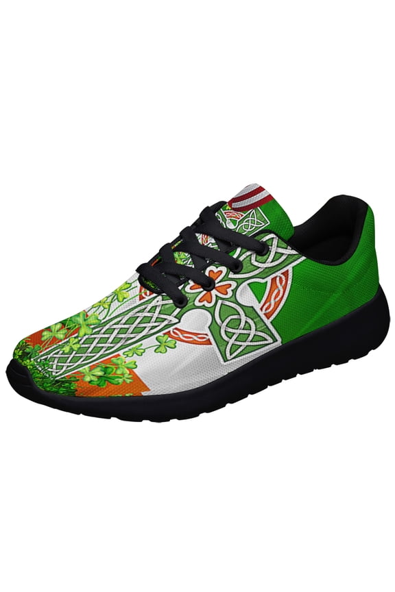 Irish Celtic Knot Cross with Shamrock Happy St Patrick's Day Irish American flag Shoes Sneakers Black Size 8