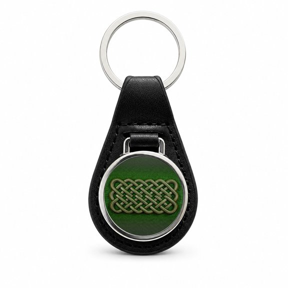 Irish Celtic Knot Green Metal Black Leather Keychain