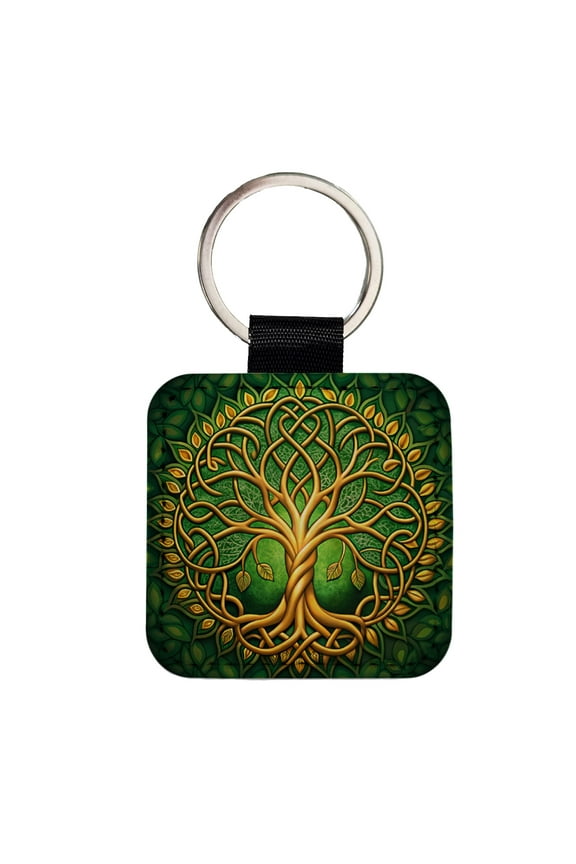 Irish Celtic Knot Tree Of Life Green And Golden Faux Leather Square Keychain