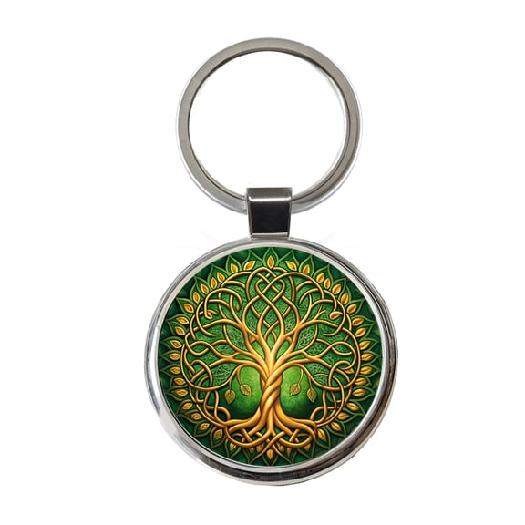 Irish Celtic Knot Tree Of Life Green And Golden Metal Round Keychain