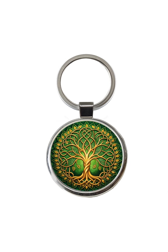 Irish Celtic Knot Tree Of Life Green And Golden Metal Round Keychain