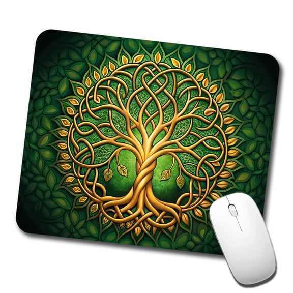 Irish Celtic Knot Tree Of Life Green And Golden Mouse Pad Low Profile Gaming Mat