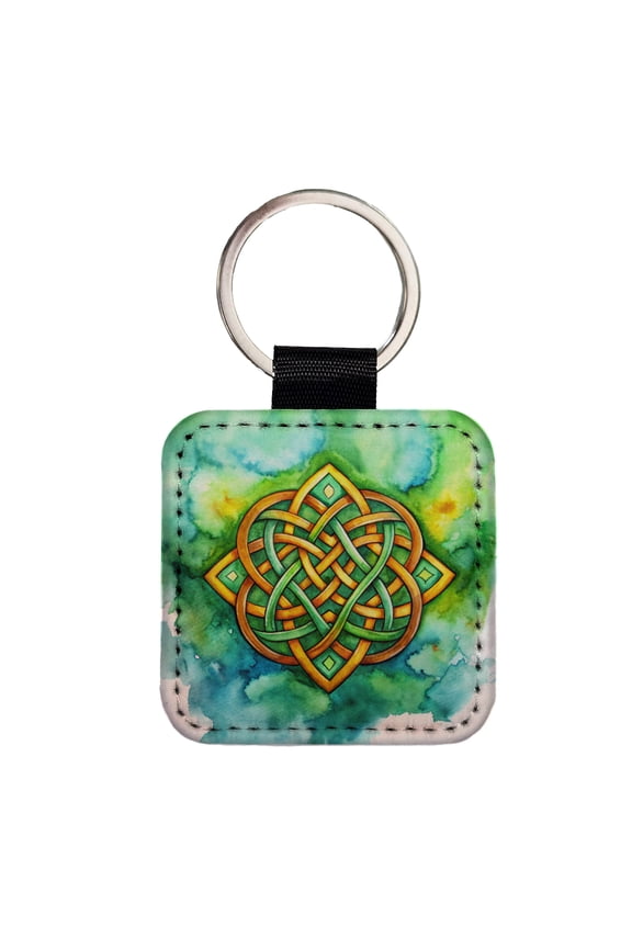 Irish Celtic Knot Watercolor Faux Leather Square Keychain