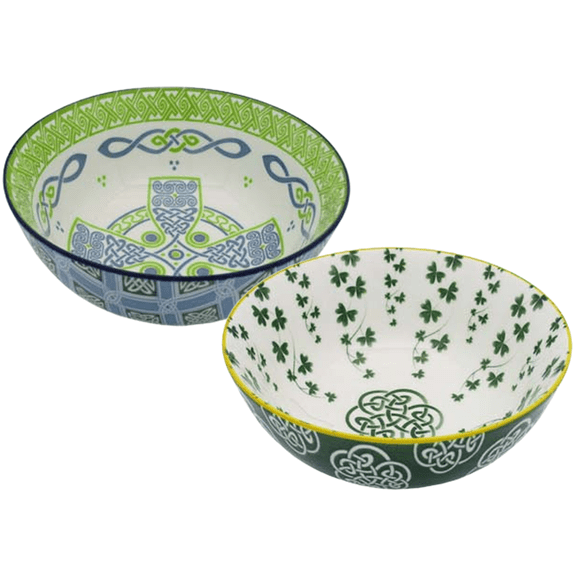 Irish Ceramic Bowls Set of 2 Celtic Cross and Trellis Shamrock Design Kitchen Cereal Soup Deep Bowls
