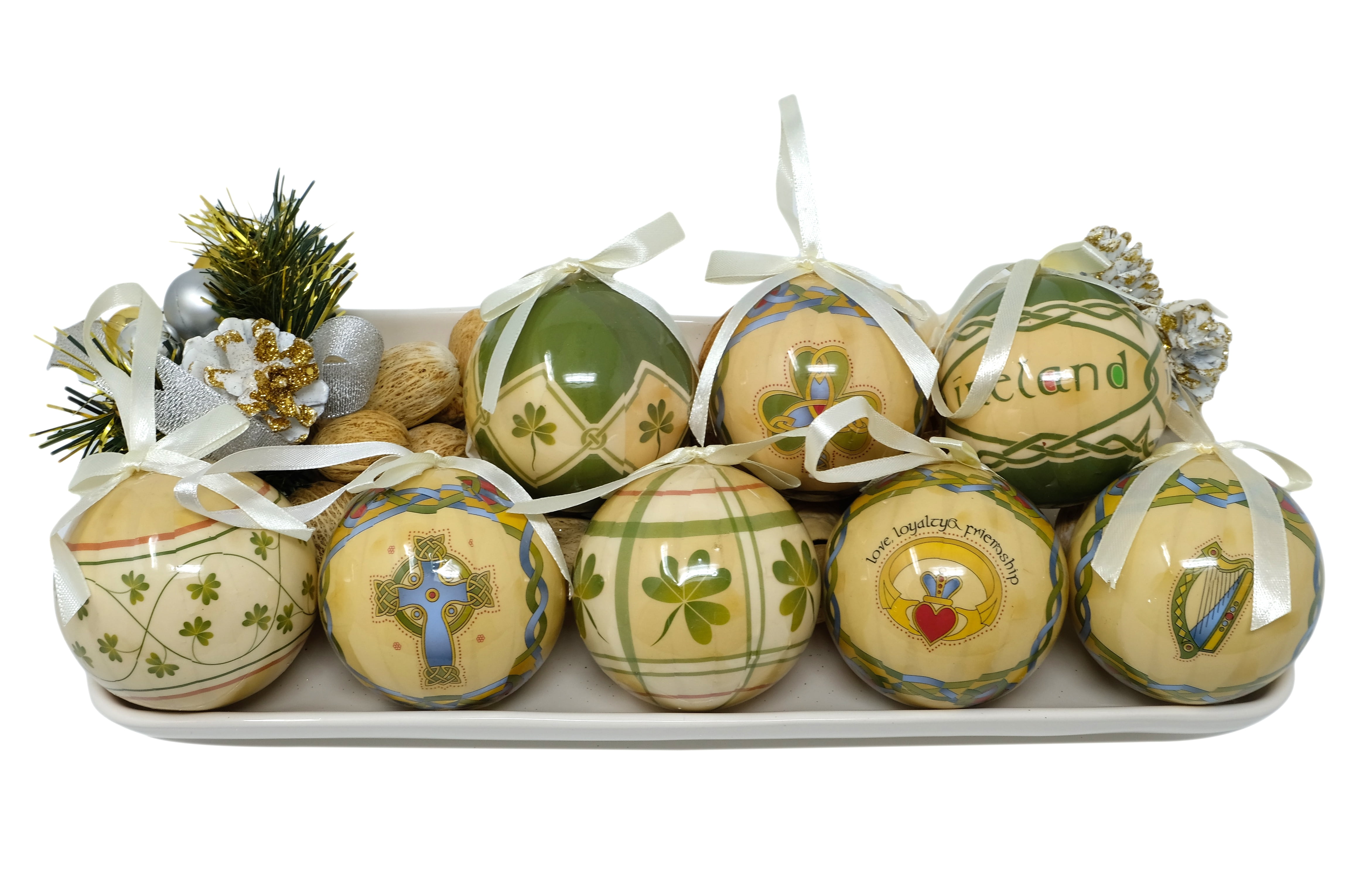 Irish Emblem Glass Baubles Set with Satin Ribbons