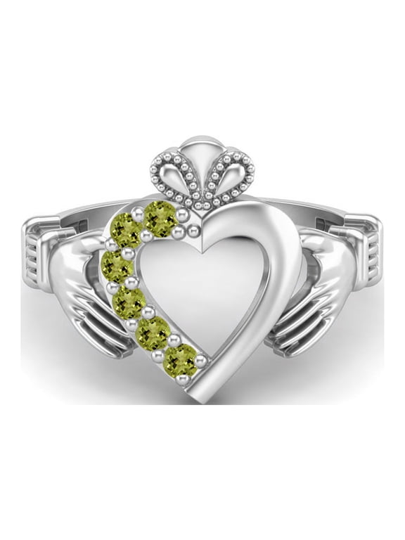 Irish Claddagh 2mm Round Peridot 925 Sterling Silver Heart Women Valentines Day Gift Ring