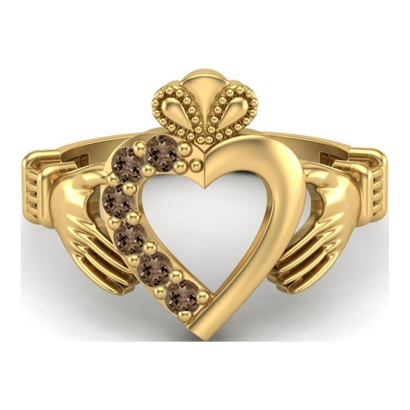 Irish Claddagh 2mm Round Smoky Quartz 925 Sterling Silver Gold Vermeil Heart Mother's Day Gift Ring