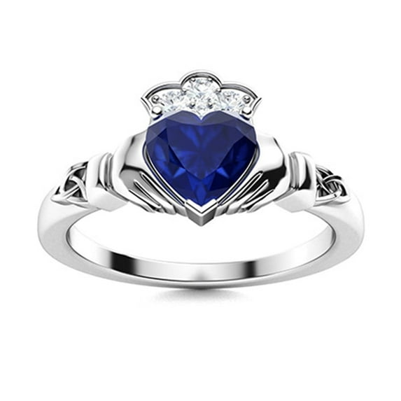 Irish Claddagh 5MM Heart Shpae Blue Sapphire Promise Women Valentines Day Gifts Ring 925 Sterling Silver